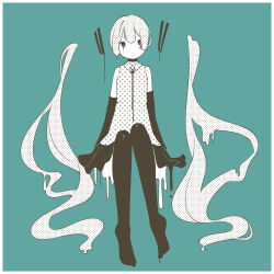 Rule 34 | 1girl, absurdres, blue background, blue eyes, border, detached hair, detached sleeves, dripping, full body, halftone, hatsune miku, highres, honomanbo, limited palette, long hair, long sleeves, looking to the side, no shoes, pantyhose, polka dot, polka dot shirt, shirt, sitting, solo, twintails, very long hair, vocaloid