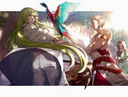 Rule 34 | 1boy, 1girl, 1other, alternate costume, androgynous, animal, animal ears, animal on arm, aora, arabian clothes, bad id, bad twitter id, bird, bird on arm, blonde hair, bracelet, brown hair, closed eyes, cowboy shot, crossed arms, day, dress, earrings, enkidu (fate), fate/grand order, fate/strange fake, fate/zero, fate (series), gilgamesh (fate), green dress, green eyes, green hair, hair between eyes, holding, hood, jewelry, lion ears, long hair, male focus, mouth veil, necklace, red eyes, robe, siduri (fate), smile, toned, tree, upper body, veil, very long hair