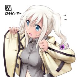 Rule 34 | 10s, 1girl, blue eyes, commentary request, dressing, kantai collection, kayano ai, kimura shuuichi, long hair, military, military uniform, navel, ro-500 (kancolle), voice actor connection, silver hair, twintails, uniform