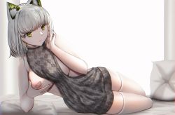 1girl absurdres animal_ear_fluff animal_ears areola_slip arknights bandaid bandaids_on_nipples breasts cat_ears grabbing_another&#039;s_breast grabbing_own_breast green_eyes grey_hair grey_sweater groping highres kal&#039;tsit_(arknights) looking_at_viewer lying medium_breasts meme_attire monstarno on_side pasties short_hair simple_background sleeveless sleeveless_sweater solo sweater thighhighs virgin_killer_sweater white_background white_thighhighs