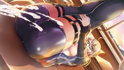 Rule 34 | 1girl, ahoge, artoria pendragon (fate), ashina merou, ass, bike shorts, black-framed eyewear, black jacket, black shorts, black thighhighs, breasts, cameltoe, coat, convenient arm, cum, ejaculation, fate/grand order, fate (series), highres, hood, hooded jacket, jacket, large breasts, legs together, legs up, long sleeves, lying, mysterious heroine x alter (fate), mysterious heroine x alter (second ascension) (fate), no bra, on back, open clothes, open coat, open jacket, pussy juice, red scarf, scarf, semi-rimless eyewear, shorts, solo, thighhighs, under-rim eyewear, yellow eyes