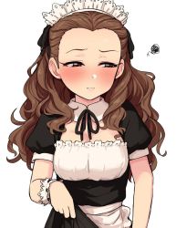 Rule 34 | 1girl, alternate costume, apron, bad id, bad twitter id, black dress, bow, breasts, brown hair, cleavage, clothes lift, collar, dress, embarrassed, enmaided, half-closed eyes, idolmaster, idolmaster cinderella girls, lifting own clothes, lips, looking away, looking to the side, maid, maid headdress, omaru gyuunyuu, puffy sleeves, red eyes, seki hiromi, short sleeves, simple background, skirt, skirt lift, solo, upper body, wavy hair, white background, wrist cuffs