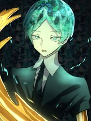 Rule 34 | 1other, absurdres, black jacket, black necktie, collared shirt, commentary, green eyes, green hair, highres, houseki no kuni, jacket, looking at viewer, necktie, open mouth, phosphophyllite, shirt, solo, tsukuno tsuki, upper body, white shirt