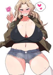 Rule 34 | 1girl, blonde hair, blue eyes, blush, breasts, condom, condom wrapper, denim, denim shorts, dettonnn, girls und panzer, gokinezura, heart, highres, holding, holding condom, jacket, kay (girls und panzer), large breasts, long hair, looking at viewer, naughty face, navel, open clothes, open jacket, shorts, solo, sweat, thighhighs