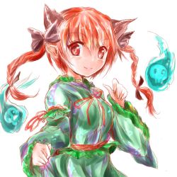 Rule 34 | 1girl, animal ears, bow, braid, breasts, cat ears, dress, fire, highres, hitodama, ikazuchi akira, kaenbyou rin, looking at viewer, medium breasts, no tail, red eyes, red hair, simple background, skull, smile, solo, touhou, twin braids, white background