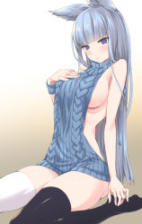Rule 34 | 10s, 1girl, akanagi youto, animal ears, aran sweater, backless dress, backless outfit, bare back, black thighhighs, blue eyes, blunt bangs, blush, breasts, cable knit, dress, erune, granblue fantasy, highres, korwa, large breasts, long hair, looking at viewer, meme attire, naked sweater, sideboob, silver hair, sitting, sleeveless, sleeveless turtleneck, solo, sweater, sweater dress, thighhighs, turtleneck, turtleneck sweater, virgin killer sweater, wariza, white thighhighs