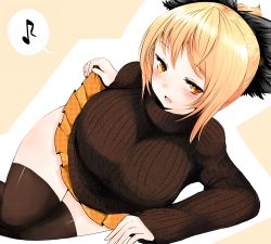 Rule 34 | 1girl, alternate costume, black thighhighs, blonde hair, blush, breasts, casual, clothes lift, curvy, female focus, hair ribbon, han (jackpot), huge breasts, kurodani yamame, large breasts, looking at viewer, miniskirt, musical note, naughty face, pleated skirt, ponytail, ribbon, short hair, simple background, skirt, skirt lift, solo, sweater, thick thighs, thighhighs, thighs, touhou, yellow eyes
