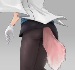 Rule 34 | 1girl, arknights, ass, ass focus, black pantyhose, black skirt, blue shirt, dokonjou (odossan), fox girl, fox tail, from behind, gloves, grey background, jacket, open clothes, open jacket, pantyhose, shirt, simple background, skirt, solo, sussurro (arknights), tail, white gloves, white jacket