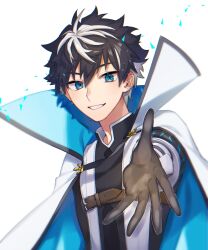 Rule 34 | 1boy, belt, black gloves, black hair, black trim, blue eyes, brown belt, cape, charlemagne (fate), fate/extella, fate/extella link, fate/extra, fate (series), gloves, hair between eyes, high collar, highres, looking at viewer, male focus, multicolored hair, outstretched hand, short hair, simple background, smile, solo, streaked hair, tanaka (pixiv 51053205), two-sided cape, two-sided fabric, two-tone hair, upper body, white background, white cape, white hair
