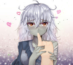 Rule 34 | 1girl, bandages, blush, colored skin, crossed bangs, eyebrows, finger in another&#039;s mouth, finger sucking, grey hair, grey skin, hair between eyes, hand grab, heart, heart-shaped pupils, long hair, looking at viewer, messy hair, monster girl, monster girl encyclopedia, orange eyes, paundo2, pov, saliva, solo focus, symbol-shaped pupils, torn clothes, undead, upper body, zombie, zombie (monster girl encyclopedia)