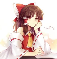 Rule 34 | &gt;:(, 1girl, ascot, bad id, bad twitter id, bow, brown eyes, brown hair, detached sleeves, expressionless, frilled bow, frills, frown, hair bow, hair tubes, hakurei reimu, looking at viewer, red shirt, ribbon-trimmed sleeves, ribbon trim, shirt, short hair, simple background, sleeveless, sleeveless shirt, solo, touhou, v-shaped eyebrows, white background, wide sleeves, yuli (yulipo)