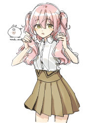 Rule 34 | 1girl, artist logo, artist name, blush, brown skirt, collared shirt, commentary, cowboy shot, green eyes, hair between eyes, hands in hair, hands up, highres, long hair, looking at viewer, open mouth, original, pink hair, pleated skirt, shirt, shirt tucked in, short sleeves, simple background, skirt, solo, surprised, twintails, wandu mook, white background, white shirt