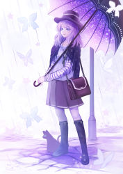 Rule 34 | 1girl, absurdres, bag, black footwear, blue eyes, boots, bug, butterfly, cat, eyebrows, handbag, hat, highres, insect, jewelry, lamppost, looking to the side, mr. j.w, necklace, original, over shoulder, parasol, princess, purple hair, purple skirt, purple theme, rain, shawl, skirt, smile, solo, star (symbol), striped, striped sleeves, umbrella