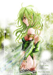 Rule 34 | 00s, 1990s (style), 1girl, 2003, ass, detached sleeves, final fantasy, final fantasy iv, french text, green eyes, green hair, leotard, matching hair/eyes, rydia (ff4), solo