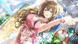 Rule 34 | 1girl, ahoge, armpits, arms up, blush, bracelet, breasts, brown hair, cleavage, dutch angle, floral print, idolmaster, idolmaster shiny colors, jewelry, kuwayama chiyuki, large breasts, lens flare, lifebuoy, long hair, looking at viewer, official art, one-piece swimsuit, outstretched arm, pink one-piece swimsuit, smile, solo, stretching, surfboard, swim ring, swimsuit, very long hair, wavy hair
