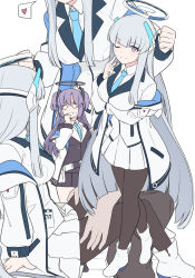 Rule 34 | 1boy, 2girls, blue archive, blue necktie, breasts, collared shirt, formal, full body, grey hair, hair between eyes, headphones, jacket, large breasts, long hair, looking at viewer, multiple girls, multiple views, necktie, noa (blue archive), open clothes, open jacket, purple eyes, shirt, shiseki hirame, skirt, smile, suit, uniform, white background, white jacket, white shirt, white skirt, white suit, yuuka (blue archive)