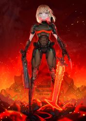 Rule 34 | 1girl, arm blade, armor, blonde hair, blue eyes, breasts, brown gloves, commentary, commission, cosplay, crucible (doom), doom (series), doom eternal, doomguy, doomguy (cosplay), english commentary, gloves, gun, highres, holding, holding gun, holding sword, holding weapon, hololive, hololive english, medium breasts, power armor, shotgun, shoulder cannon, smile, solo, sword, v-shaped eyebrows, virtual youtuber, wani (fadgrith), watermark, watson amelia, weapon