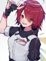 Rule 34 | 1girl, arknights, black gloves, black sleeves, clothes writing, commentary request, detached wings, energy wings, exusiai (arknights), fingerless gloves, gloves, halo, highres, id card, looking at viewer, open mouth, red eyes, red hair, shirt, simple background, solo, tamako (tmc dr), upper body, white background, white shirt, wings