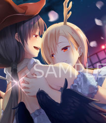 Rule 34 | 2girls, :d, antlers, bandana, bare shoulders, black hair, black wings, blonde hair, blue shirt, blush, brown headwear, commentary request, cowboy hat, dragon horns, dutch angle, feathered wings, glint, grin, hair between eyes, hat, horns, kicchou yachie, knife, kurokoma saki, long hair, looking at another, low ponytail, multiple girls, nnyara, off-shoulder shirt, off shoulder, open mouth, petals, profile, puffy short sleeves, puffy sleeves, red eyes, sample watermark, shirt, short hair, short sleeves, smile, touhou, watermark, wings