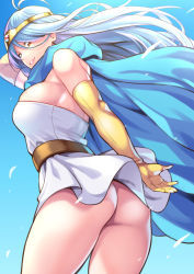 Rule 34 | 1girl, antenna hair, ass, belt, blue cape, blue hair, blue sky, blush, breasts, cape, circlet, dragon quest, dragon quest iii, dress, elbow gloves, gloves, long hair, looking at viewer, looking back, orange eyes, sage (dq3), short dress, shouji nigou, sky, smile, solo, square enix, thighs, white dress, yellow gloves