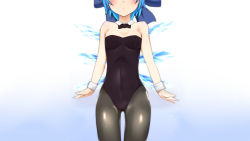 Rule 34 | 1girl, black pantyhose, blue hair, blush, bow, breasts, cirno, detached collar, hair bow, highres, ice, leotard, mantarou (shiawase no aoi tori), open mouth, pantyhose, playboy bunny, short hair, small breasts, solo, touhou, wings, wrist cuffs