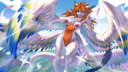 Rule 34 | 1girl, absurdres, alanscampos, blue eyes, breasts, dragon, dragon tail, fangs, feathers, fingernails, flammie, furry, highres, horns, humanization, long fingernails, long hair, multiple wings, nipples, open mouth, orange hair, pussy, rainbow wings, seiken densetsu, seiken densetsu 3, sky, sparkle, tail, uncensored, wings