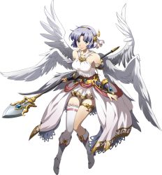 Rule 34 | 1girl, angel wings, asymmetrical legwear, bare shoulders, blue eyes, boots, closed mouth, collarbone, detached sleeves, dress, feathered wings, full body, hair intakes, hairband, highres, holding, holding polearm, holding weapon, knee boots, langrisser, langrisser ii, long sleeves, looking at viewer, official art, pleated dress, polearm, sherry (langrisser), short dress, short hair, silver hair, single thighhigh, sleeveless, sleeveless dress, smile, solo, thighhighs, thighlet, transparent background, waist cape, weapon, white dress, white footwear, white sleeves, white thighhighs, white wings, wings, yellow hairband