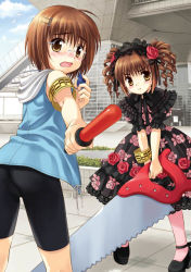 Rule 34 | 2girls, :&lt;, armband, baton, baton (weapon), bigsight, bike shorts, black footwear, black pants, brown hair, comiket, day, drill hair, floral print, flower, glasses, gothic lolita, hair flower, hair ornament, hand saw, hood, hooded jacket, jacket, lolita fashion, looking at viewer, looking back, multiple girls, open mouth, outdoors, pants, pink legwear, sato-pon, saw, shoes, short hair, standing, tokyo big sight, wavy mouth, weapon