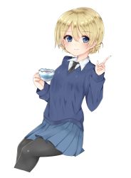 Rule 34 | 10s, 1girl, absurdres, black necktie, black pantyhose, blonde hair, blue eyes, blue skirt, blue sweater, braid, closed mouth, commentary, cropped legs, cup, darjeeling (girls und panzer), dress shirt, girls und panzer, highres, holding, invisible chair, long sleeves, looking at viewer, miniskirt, necktie, no emblem, pantyhose, pleated skirt, pointing, pointing up, school uniform, shirt, short hair, simple background, sitting, skirt, smile, solo, souhi, sweater, teacup, twin braids, v-neck, white background, white shirt, wing collar