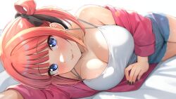 1girl :p arm_up armpit_crease black_nails blue_eyes blue_shorts blunt_bangs blush breasts camisole cleavage commission go-toubun_no_hanayome hair_ribbon hair_rings highres large_breasts looking_at_viewer lying nakano_nino on_side pink_hair pixiv_commission ribbon shiitake_taishi short_shorts shorts single_bare_shoulder single_hair_ring solo tongue tongue_out white_camisole