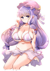Rule 34 | 1girl, absurdres, bare arms, bare shoulders, bikini, blunt bangs, blush, bob cut, breasts, brown eyes, cleavage, closed mouth, collarbone, crescent, crescent hat ornament, cropped legs, fujiyama takashi, hat ornament, highres, invisible chair, large breasts, long hair, looking at viewer, low-tied long hair, lowleg, lowleg skirt, navel, nose blush, patchouli knowledge, pink headwear, purple skirt, sidelocks, sitting, sketch, skindentation, skirt, solo, stomach, striped bikini, striped clothes, swimsuit, touhou, vertical-striped bikini, vertical-striped clothes, very long hair, wristband