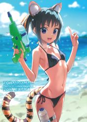 Rule 34 | 1girl, :d, absurdres, animal ears, beach, bikini, black hair, blurry, breasts, cat ears, cat tail, cowboy shot, day, depth of field, english text, fangs, finger on trigger, hair ribbon, halterneck, highres, index finger raised, kawakami rokkaku, looking at viewer, navel, ocean, one-piece tan, open mouth, outdoors, purple eyes, ribbon, scan, side-tie bikini bottom, small breasts, smile, solo, swimsuit, tail, tan, tanline, thigh strap, tiger ears, tiger tail, toranoana, twintails, water, water gun