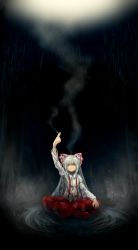 Rule 34 | 1girl, arm up, bow, cigarette, dark, expressionless, female focus, forest, fujiwara no mokou, hair bow, hair over eyes, highres, indian style, long hair, long sleeves, mimit, nature, pants, puffy sleeves, rain, shaded face, shoes, silver hair, sitting, smoke, smoking, solo, suspenders, touhou, very long hair