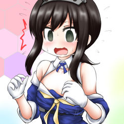 Rule 34 | 1girl, @ @, black hair, blue shirt, commentary request, cosplay, embarrassed, flat chest, fletcher (kancolle), fletcher (kancolle) (cosplay), fubuki (kancolle), gloves, hairband, honeycomb (pattern), honeycomb background, kantai collection, low ponytail, multicolored background, neckerchief, off shoulder, open mouth, ouno (nounai disintegration), ponytail, sailor collar, school uniform, serafuku, shirt, short ponytail, sidelocks, solo, trait connection, upper body, wavy mouth, white gloves, white sailor collar, yellow neckerchief