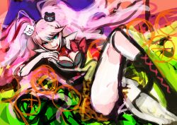 Rule 34 | 1girl, airi2, arm up, bear hair ornament, black bra, black shirt, blue eyes, bra, breasts, calf boots, cleavage, collared shirt, colorful palette, danganronpa: trigger happy havoc, danganronpa (series), enoshima junko, female focus, fingernails, hair ornament, highres, knee up, leg up, legs, looking at viewer, lying, medium breasts, multicolored background, nail polish, open clothes, open mouth, pink hair, red nails, shirt, solo, solo focus, surreal background, teeth, tongue, tongue out, twintails, underwear