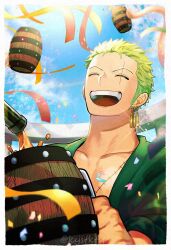 Rule 34 | 1boy, beer mug, closed eyes, collarbone, confetti, cup, earrings, green hair, holding, holding cup, jewelry, kiyoshita, male focus, mug, muscular, muscular male, one piece, open mouth, outdoors, pectorals, pouring, roronoa zoro, scar, scar across eye, scar on chest, short hair, smile, solo, streamers, twitter username