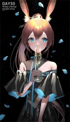 Rule 34 | 1girl, amiya (arknights), arknights, black background, black dress, black gloves, blue eyes, blue nails, brown hair, champagne flute, character name, clothing cutout, copyright name, cup, dress, drinking glass, gloves, hair between eyes, hand up, highres, holding, holding cup, light blush, long hair, looking to the side, makkuro, nail polish, official alternate costume, petals, ponytail, rabbit girl, see-through gloves, short sleeves, shoulder cutout, simple background, solo, straight-on