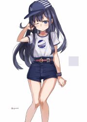Rule 34 | 1girl, akatsuki (kancolle), alternate costume, anchor ornament, baseball cap, black hair, black hat, blue shorts, commentary request, cowboy shot, denim, denim shorts, hat, highres, kantai collection, long hair, looking at viewer, one eye closed, shirt, shorts, simple background, solo, standing, sugue tettou, white background, white shirt