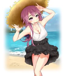 Rule 34 | 1girl, arm up, bare arms, bare shoulders, beach, black skirt, blue sky, blush, breasts, cleavage, cloud, cloudy sky, commentary request, day, feet out of frame, frilled skirt, frills, hand up, hat, large breasts, leaning forward, long hair, looking at viewer, meigo arisa, miniskirt, ocean, open mouth, outdoors, partial commentary, pink eyes, pink hair, sand, shin (highest1192), sidelocks, skirt, sky, smile, solo, standing, straw hat, thighs, toaru majutsu no index, toaru majutsu no index: endymion no kiseki, water