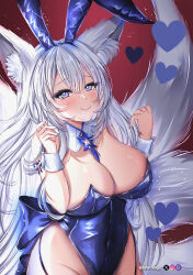 absurdres animal_ear_fluff animal_ears azur_lane blue_collar blue_garter_straps blue_leotard breasts collar fox_ears fox_girl fox_tail gradient_background highres juhcreates kitsune kyuubi large_breasts large_tail leotard multicolored_collar multiple_tails playboy_bunny red_background shinano_(azur_lane) shinano_(visions_of_fantasy)_(azur_lane) tail white_collar white_tail white_wrist_cuffs wrist_cuffs