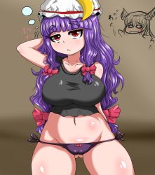 Rule 34 | 1girl, :&lt;, bad id, bad pixiv id, bare shoulders, breasts, cameltoe, camisole, chemise, chibi, chibi inset, crescent, female focus, hat, impossible clothes, koakuma, large breasts, long hair, low-tied long hair, lowleg, lowleg panties, masachu, masachuu, navel, panties, patchouli knowledge, plump, purple hair, red eyes, shirt, side-tie panties, solo, taut clothes, taut shirt, thick thighs, thighs, touhou, underwear, underwear only