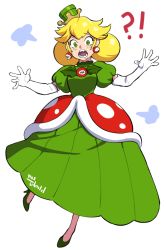 Rule 34 | !?, blonde hair, dress, earrings, elbow gloves, fangs, full body, gloves, gown, green dress, green eyes, high heels, jewelry, lilirulu, mario (series), nintendo, open mouth, personification, piranha plant, princess peach, puffy sleeves, saliva, solo, super crown, transparent background