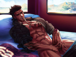 Rule 34 | 10s, 1boy, abs, bed, black hair, dreadful alibi, erection, facial hair, final fantasy, final fantasy xv, gladiolus amicitia, hand on penis, lying, male focus, muscular, naughty face, pectorals, penis, penis grab, pillow, scar, smile, smirk, solo, solo focus, testicle grab, testicles, window