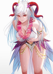 Rule 34 | 1girl, absurdres, alfa (alpharig), armlet, bare shoulders, bikini, bikini top lift, bikini top only, blue hair, breast hold, breasts, breasts squeezed together, clothes lift, commission, commissioner upload, curled horns, fire emblem, fire emblem heroes, flower, flower necklace, freyja (fire emblem), goat horns, grin, hair ornament, highres, horns, huge filesize, jewelry, large breasts, leaning forward, long hair, looking at viewer, mega milk, multicolored hair, navel, necklace, nintendo, official alternate costume, open mouth, pelvic curtain, red eyes, red horns, silver hair, smile, solo, swimsuit, thighs, white bikini