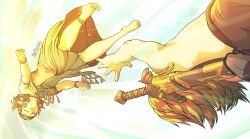 Rule 34 | 1boy, 1girl, absurdres, anklet, armlet, blonde hair, bracelet, brown hair, closed eyes, dress, earrings, falling, highres, jewelry, madras (anothermadras), master sword, nintendo, pointy ears, princess zelda, reaching, short hair, strapless, strapless dress, the legend of zelda, the legend of zelda: tears of the kingdom, topless male, unconscious, white dress