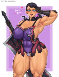 Rule 34 | 1girl, blue eyes, blush, breasts, cameltoe, cattleya (queen&#039;s blade), cheekie, cleavage, covered erect nipples, female focus, glasses, gloves, heart, highres, huge breasts, long hair, looking at viewer, mature female, muscular, muscular female, ponytail, pubic hair, queen&#039;s blade, solo, sweat, sword, thick thighs, thighs, weapon