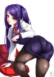 Rule 34 | 1girl, artist request, ass, blush, breasts, chair, cigarette, dress, from behind, highres, jill stingray, leaning, leaning forward, long hair, looking at viewer, pantyhose, pantylines, parted lips, purple hair, red eyes, shiny clothes, short dress, solo, twintails, va-11 hall-a