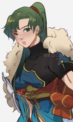 Rule 34 | 1girl, bad id, bad twitter id, breasts, dress, earrings, fire emblem, fire emblem: the blazing blade, fire emblem heroes, green eyes, green hair, high ponytail, jewelry, long hair, looking at viewer, lyn (fire emblem), nintendo, ponytail, shihoran, smile, solo, very long hair, white background