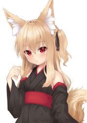 Rule 34 | 1girl, animal ear fluff, animal ears, bare shoulders, black kimono, black ribbon, black sleeves, blonde hair, blush, breasts, closed mouth, detached sleeves, fox ears, fox girl, fox tail, hair between eyes, hair ribbon, highres, japanese clothes, kimono, long hair, long sleeves, looking at viewer, obi, one side up, original, red eyes, ribbon, sakuma hiragi, sash, simple background, small breasts, solo, tail, white background, wide sleeves