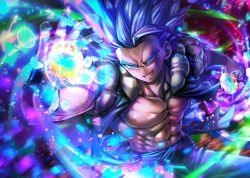 Rule 34 | 1boy, :d, abs, blue eyes, blue hair, collarbone, cowboy shot, dragon ball, dragon ball super, glowing, gogeta, hand up, lens flare, male focus, mattari illust, muscular, muscular male, open clothes, open hand, open mouth, short hair, smile, solo, sparkle, spiked hair, twitter username, v-shaped eyebrows